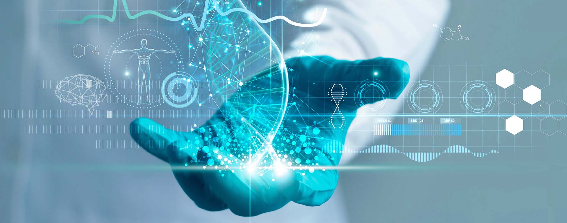 Doctor holding hologram of blue helix DNA structure