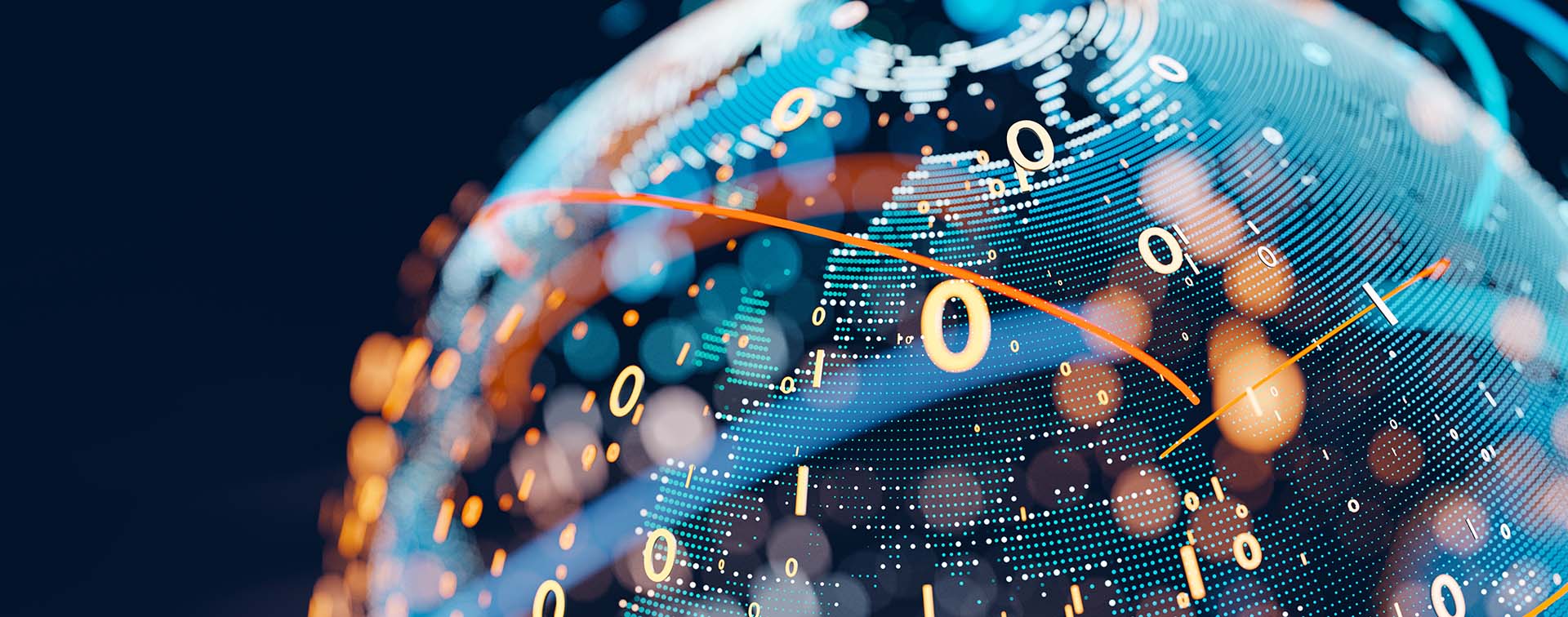 Conceptual image of a globe overlayed with ones and zeros 