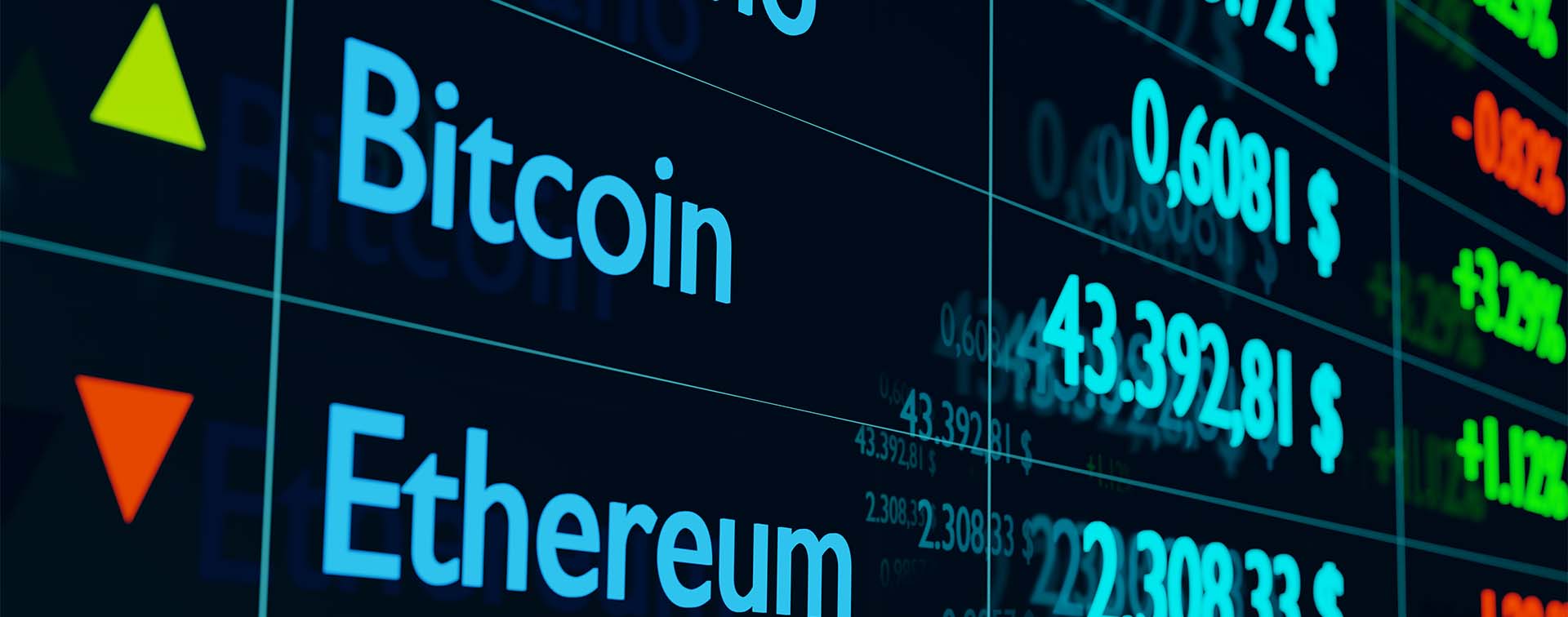 Digital leaderboard showing bitcoin and Ethereum prices