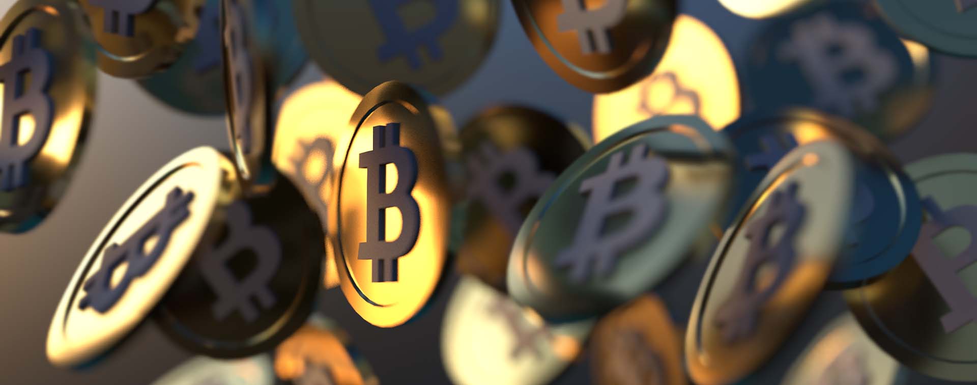 Cryptocurrency gold coins falling, 3D render