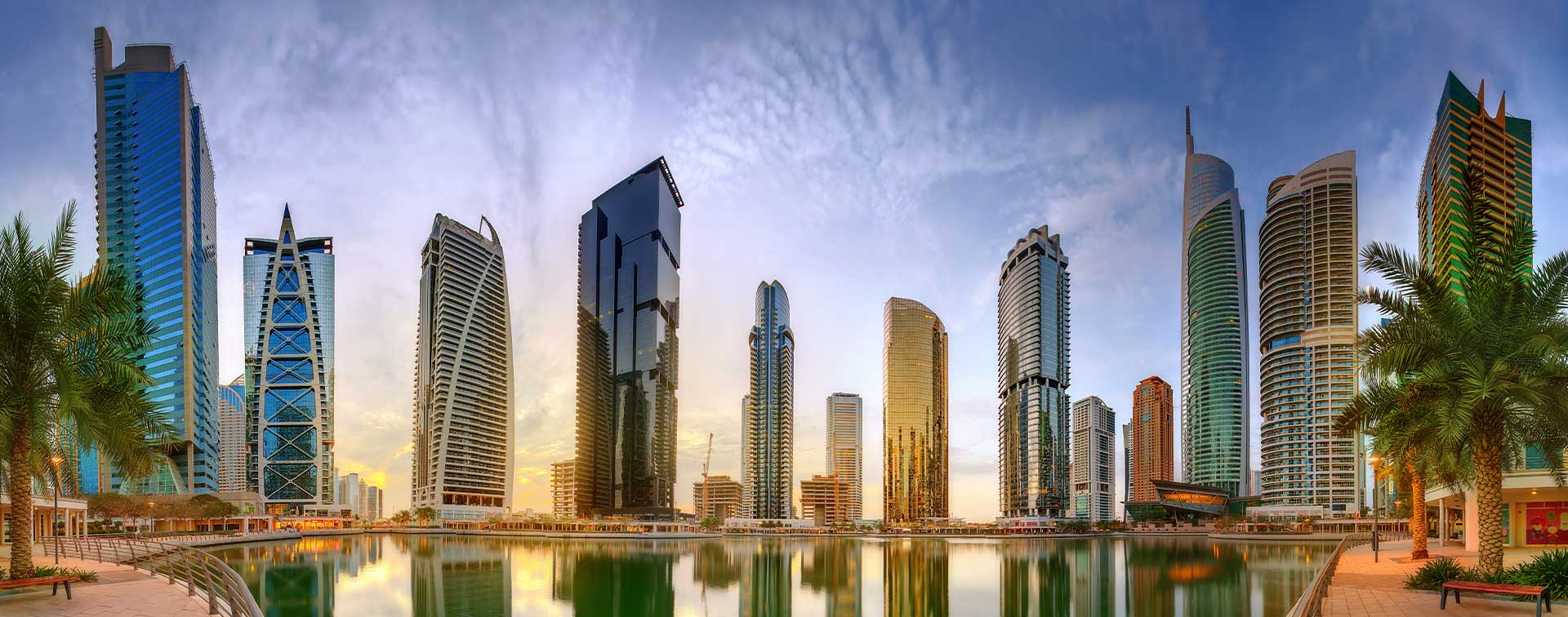 Dubai Marina skyscrapers at sunset