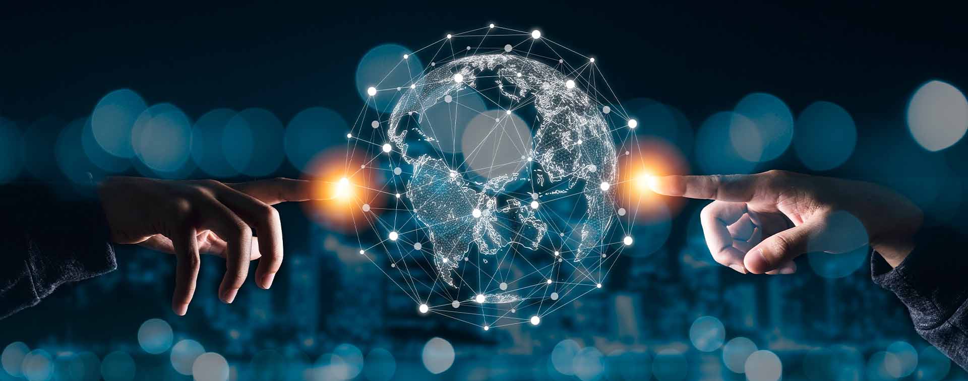 Digital composite image of two hands reaching out with their index fingers to touch a digital globe in the center of the image