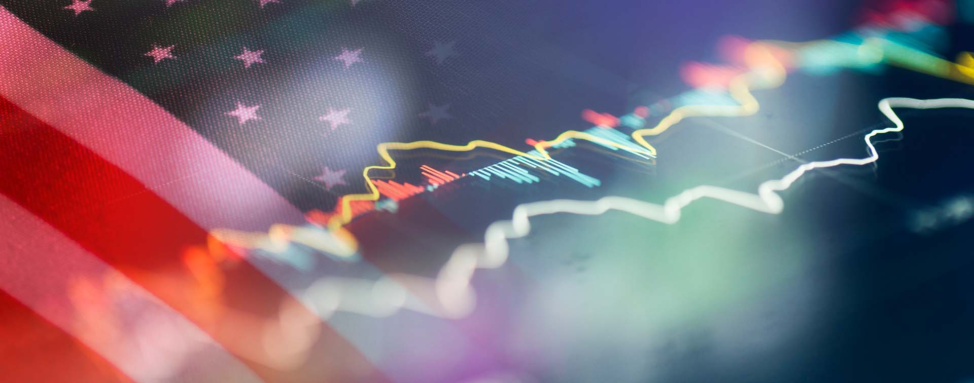 American flag with fluctuating graph