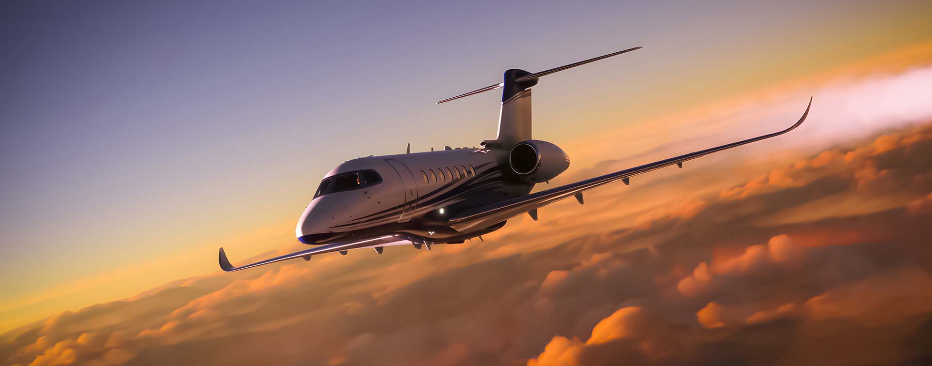 A luxury private jet overflying cloudy skies at sunset