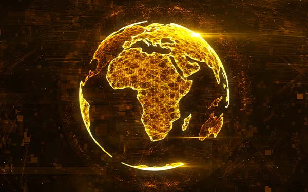 Digital globe made of plexus bright glowing lines. Detailed virtual planet earth. Technology structure of connected lines, dots and particles forming world. 