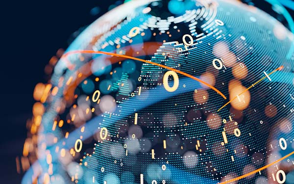 Earth represented by little dots, binary code and lines - big data, global business, cryptocurrency