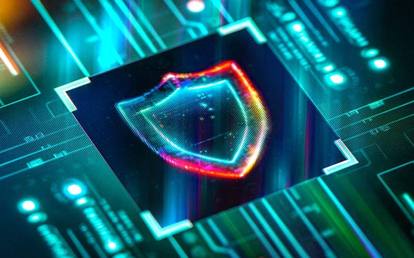 Digital security and privacy background. Cyber and crypto security shield on futuristic screen technology