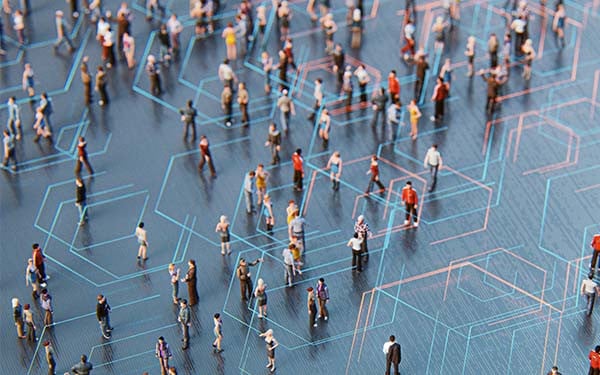 To- down view of small human figurines staged on a digital floor