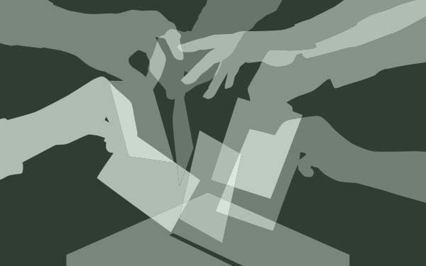 Colorful overlapping silhouettes of people placing ballot papers in a voting box