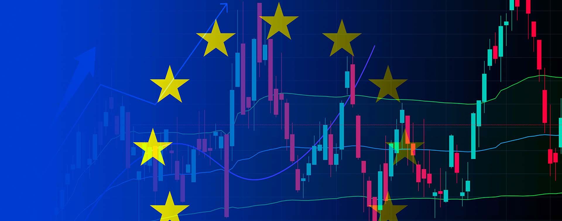 EU flag on the background of stock charts