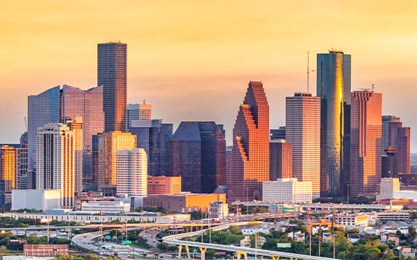 Skyline and surrounding commmunities of Houston, Texas at sunset