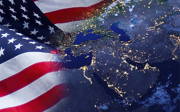 US flag overlayed over the Middle East