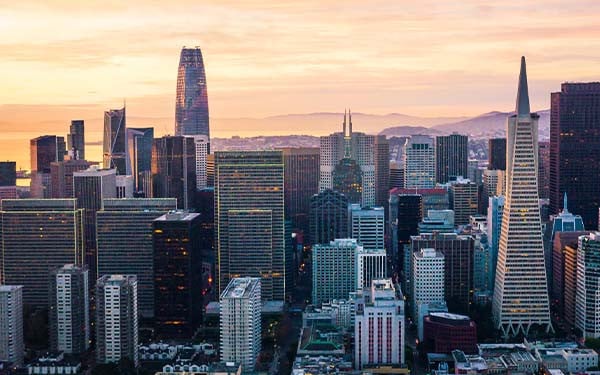 The San Francisco skyline at sunrise