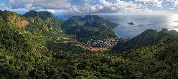 A wide view at mountains, Soufriere, and scots Head in Dominica, West Indies. Taken with drone.