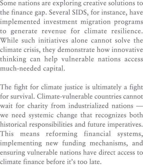 Some nations are exploring creative solutions to the finance gap. Several SIDS, for instance, have implemented invest...