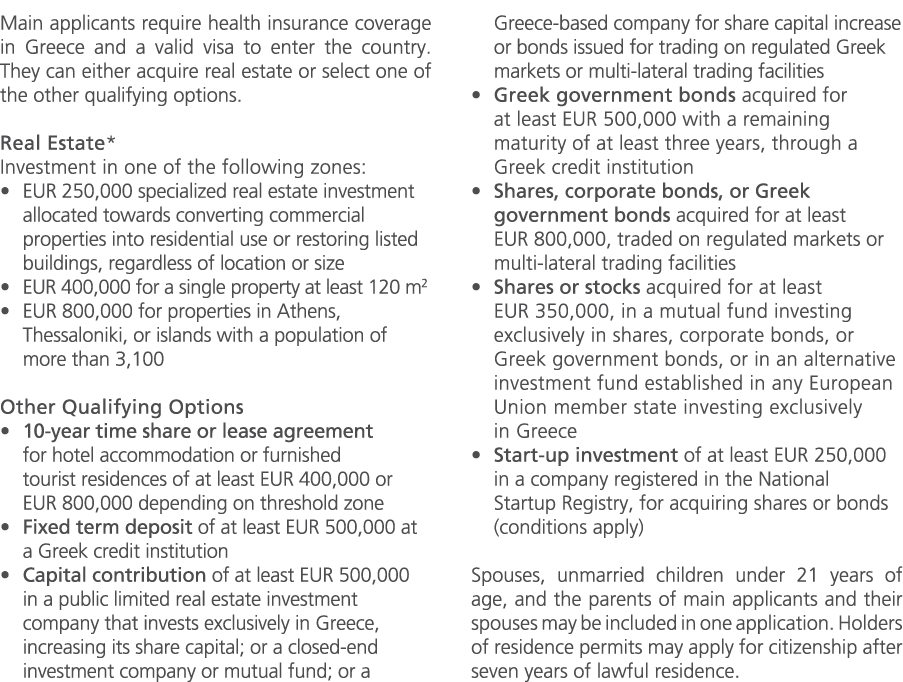 Main applicants require health insurance coverage in Greece and a valid visa to enter the country. They can either ac...