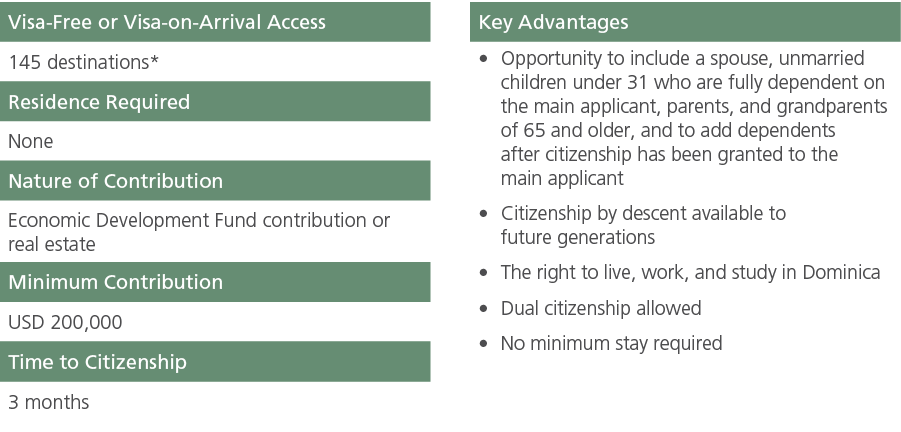 Visa Free or Visa on Arrival Access,,Key Advantages,145 destinations*,,Opportunity to include a spouse, unmarried chi...