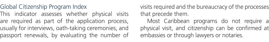 Global Citizenship Program Index This indicator assesses whether physical visits are required as part of the applicat...